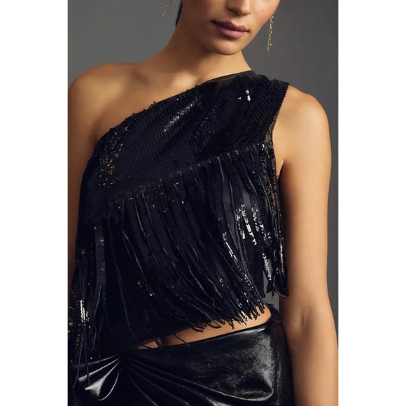 Eva Franco Anthropologie Sequin One-Shoulder Black Cropped Party Top with Fringe - Picture 4 of 10